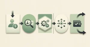 Conceptual withdrawal process from request through identity check, review and payment rail