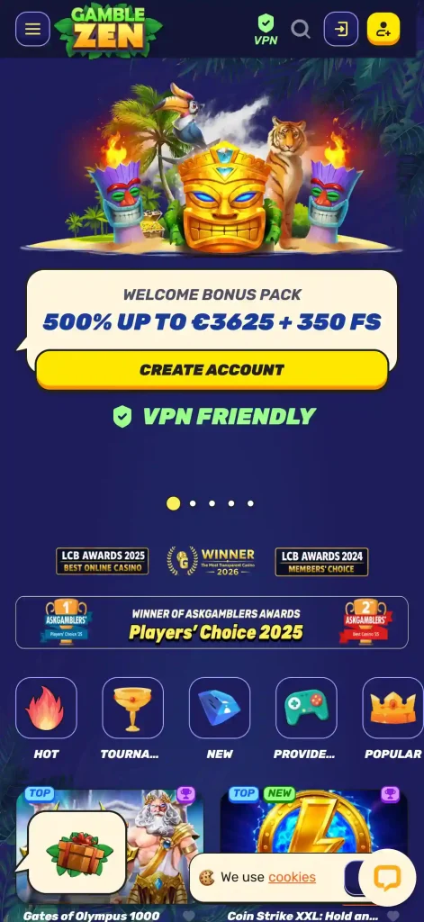 Current GambleZen casino interface displayed in a narrow mobile browser viewport