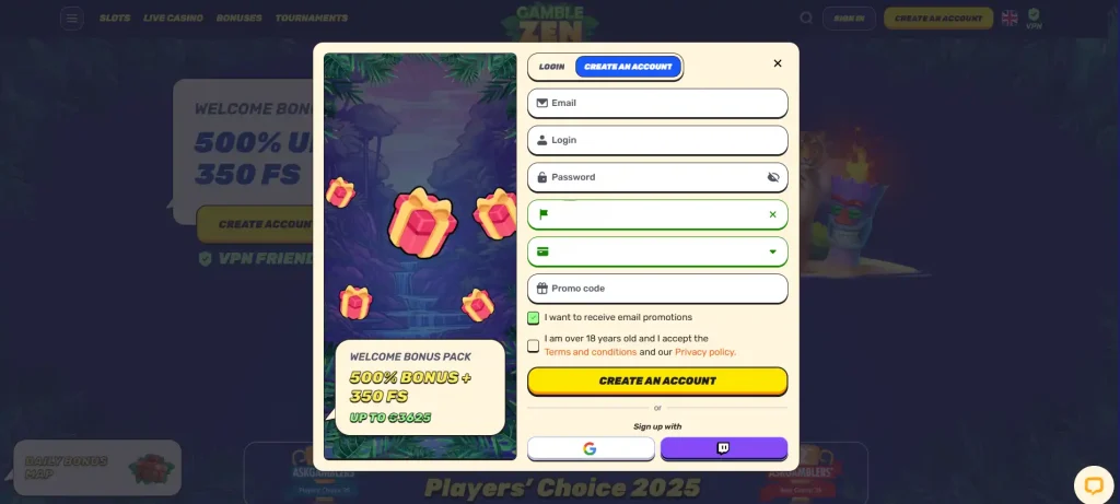 Current GambleZen registration screen with personal fields blank