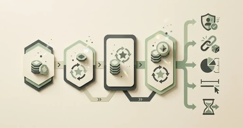 Editorial illustration of staged casino bonus deposits and term checkpoints