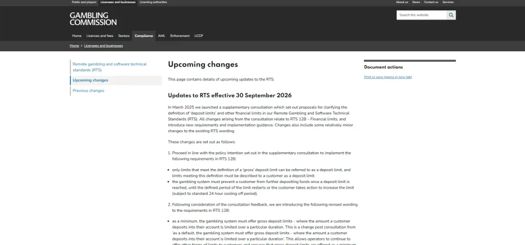 Gambling Commission upcoming changes page showing the 30 September 2026 financial limit implementation date