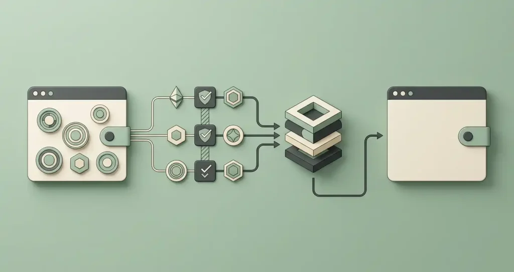 Neutral crypto payment flow connecting a wallet, network check, casino balance and withdrawal