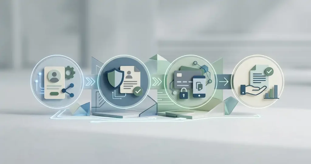Neutral identity verification flow from account details to payment ownership and withdrawal review