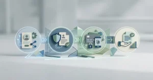 Neutral identity verification flow from account details to payment ownership and withdrawal review